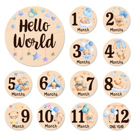 Baby Monthly Milestone Cards - 13 Double-Sided Wooden Milestone Signs Discs with Bear & Star Designs, Little Bears Birth Announcement Cards for Photo Props(0-12 Months), Newborn Sign Baby Shower/Gift