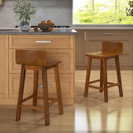 COSTWAY Solid Wood Bar Stools Set of 2, 24.5-inch Counter Height Chairs with Low Backrest and Footrest, Wooden Pub Barstools, Armless Kitchen Island Breakfast Stools for Dining Room, Cafe, Brown