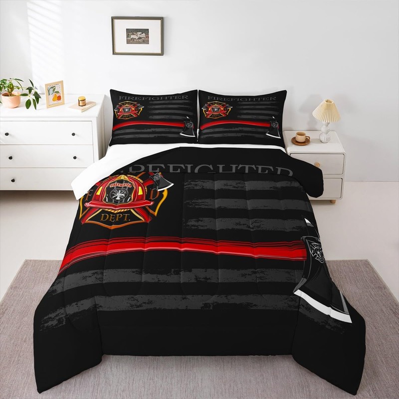 Firefighter Comforter Set Queen Size,American Flag Geometric Stripes Bedding Set,Boys