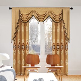 ELKCA Jacquard Luxury Waterfall Valance with Luxury Beads Yellow Window Curtains Valance for Living Room,Rod Pocket,1 Panel (Yellow, W98inch)