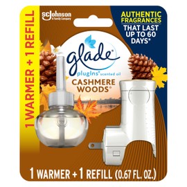 Glade PlugIns Refills Air Freshener Starter Kit, Cashmere Woods, Scented and Essential Oils for Home and Bathroom, 0.67 Fl Oz, 1 Warmer + 1 Refill
