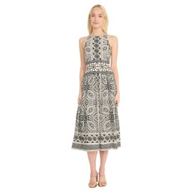 Donna Morgan Women's Printed Linen Rayon Midi Sleeveless High Neck Elegant A-Line Wedding Guest Dress, Black/Cream