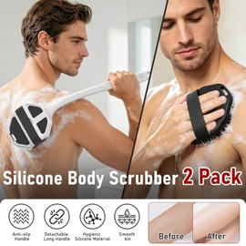 Back Scrubber for Shower for Men 2 Pack, Silicone Body Scrubber with Long Handle, Detachable Body Wash Scrubber Shower Scrub Brush - Lathering Bristles Deep Clean Exfoliator Women Mens Black