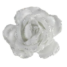 Christmas Tree Decoration Clip on Rose Flower 10cm Fabric with Glitter Wedding Decoration (White 9979)
