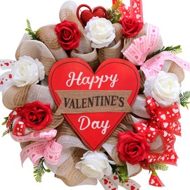 Egolot 16 Inch Valentines Day Deco Mesh Wreath for Front Door, Red and White Roses Mesh Happy Valentines Day Signed Wreath for Home Decor, Red Heart Ribbon Burlap Mesh Wreath for Valentines