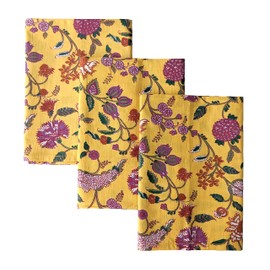 Craftbot 100% Cotton Decorative Kitchen Towels - Set of 3 Dishcloths - 19 x 27 inches - Yellow Floral Kitchen Towels - Absorbant Dish Towels for Dryng Dishes - Indian Block Print Cute Tea Towels