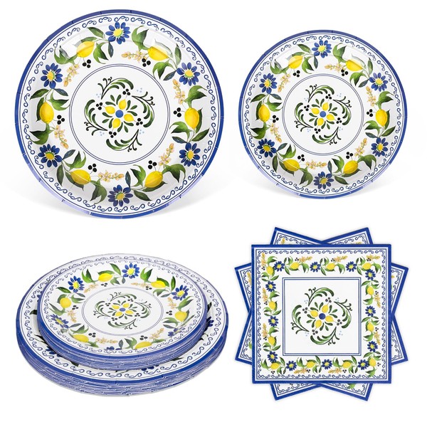 FYSUIMU 60Pcs Lemon Paper Tableware Set Blue Floral Lemon Disposable