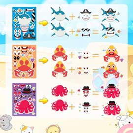 36PCS Pegatinas para Niños, Pegatinas de Bricolaje para Niños, Expresiones Faciales Caseras, Decoración de Fiestas Temáticas de Animales Marinos, Unicornios, Dinosaurios