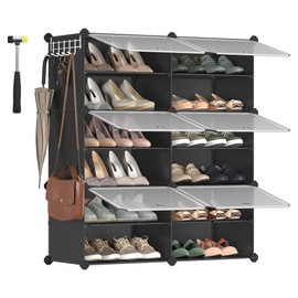 SONGMICS Shoe Rack, 6 Cubes Shoe Organizer with Doors, 24 Pair Plastic Shoe Storage Cabinet, for Bedroom, Entryway, Steel Frame, Plastic Panel, Black ULPC033B01