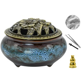 MrMrKura Ceramic Incense Burner with Lid, Incense Holder for Sticks Incense Cone Holder with Brass Incense Stick Holder for Yoga Meditation Home Decor (Fambe Blue)