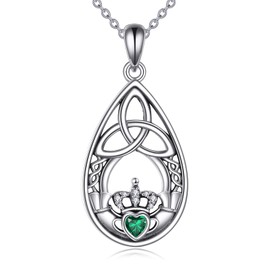 VONALA Claddagh Necklace 925 Sterling Silver Irish Trinity Celtic Knot Heart Pendant Celtic Tear Jewellery Emerald Necklace Gifts for Women, Sterling Silver