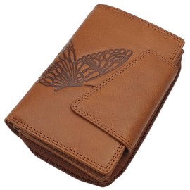 Genuine Cowhide Leather Women's Wallet / Purse / Purse in Portrait Format with Butterfly Motif or without Motif with RFID & NFC Protection, Cognac, Modern