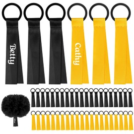 VAIPI 48 Pcs Cheerleader Pom Poms Name Tags Cheerleading Name Tags Ribbon Sublimation Blank Cheer Pom Tags Travel Suitcases Labels for Backpack Keychains (Black and Gold)