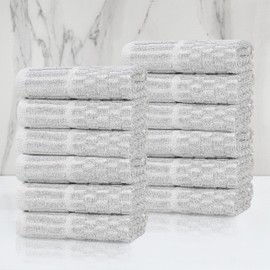 Superior Juno Viscose Cotton Blend Medium Weight Small Towels, for Kitchen, Bathroom, Shower, Spa, Plush, Quick Dry, Ultra-Soft Essentials, Border Detail, Face Towels Washcloths, Set of 12, Platinum
