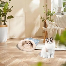 Soft Pet Cozy Warm Sleeping Bag for Cats, Cozy Cat Winter Sleeping Bag, 360-Degree Wrap Self-Warming Plush Puppy Sleeping Nest, Fluffy Tunnel, Pet Calming,Soft Plush Large Sac (Blue)