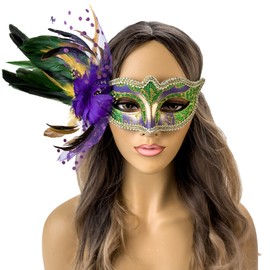 Elegant Feather Masquerade Mask Mardi Gras Burlesque Masks for Women Costume Feather Masks Venetian MaskS (MARDI GRAS PURPLE GREEN GOLD)
