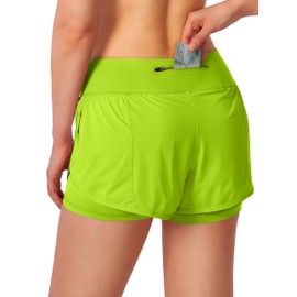 Pantalones cortos para correr 2 en 1 para mujer, de cintura alta, de elastano, pantalones cortos deportivos para gimnasio, yoga, entrenamiento, para mujer, con bolsillos con cierre, Verde (Bright