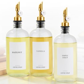 Ezebesta Set of 3 Coffee Syrup Glass Dispenser Bottles 16.23oz Pump Bottles with 20 Labels for Coffee Bar Organization