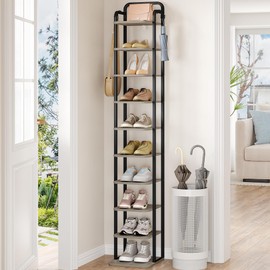Hzuaneri 10 Tiers Vertical Shoe Rack, Narrow Shoe Tower, Tall Shoes Shelf with 2 Hooks, Adjustable Shelves, Corner Shoes Shelves for Small Spaces, Entryway, Living Room, Greige SR11205B