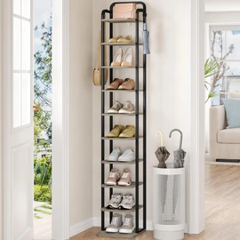 10 Tiers Vertical Shoe Rack, Narrow Shoe Tower, Tall Shoes Shelf with 2 Hooks, Adjustable Shelves, Corner Shoes Shelves for Small Spaces, Entryway, Living Room, Greige SR11205B