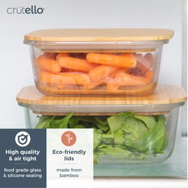 Crutello Glass Storage Containers with Bamboo Lids - Eco-Friendly Non Toxic Meal Prep Jars with Wooden Lid for Fridge and Kitchen Organization - Non Plastic Container for Fruit Bowls 2 Pack