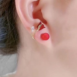 Wendalern Red Flower Front Back Earrings Tulip Flower Ear Jacket Earrings Acrylic Round Ball Stud Earrings Vintage Floral Rhinestone Wrap Cuff Earrings Jewelry for Women and Girls