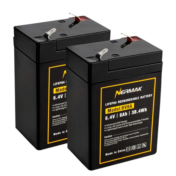 NERMAK 6V 6Ah Lithium LiFePO4 Battery 2 Pack, 2000+ Cycles Rechargeable Lithium Iron Phosphate Battery for Emergency Light, Game Feeder, Kids Ride On Car and More with BMS (F1 Terminals)