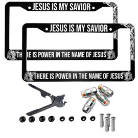 2-Pcs Jesus Is My Savior License Plate Frames Christian Aluminum Car Tag Cover Frames License Plate Holder Auto Accessories US Vehicles Standard (Screw Caps,Tire Pressure Monitor,portable screwdriver)