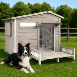 Gowoodhut Weatherproof Dog House Outdoor Wooden Chew-Proof Iron Frame, Removable Floor and Adjustable Window for Small Medium Some Large Dogs(Gray, 35" L x 26" W x28 H)