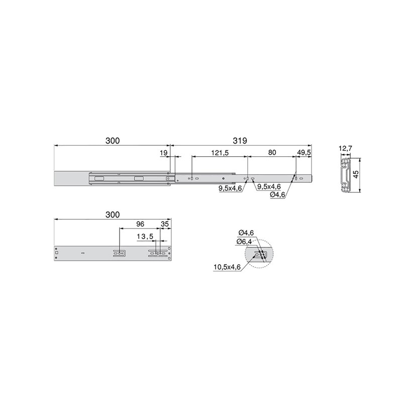 Emuca 3049405 Set of full extension ball bearing runners/slides 45mm