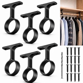 6 Pcs 1 5/16 Inch Diameter Round Wardrobe Closet Rod Suspended Center Support with 12 Installation Screws and 2mm Drill Bit, Heavy Duty Ceiling Mount Curtain Rod Holders for Home Wardrobe, Black