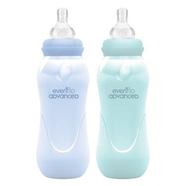 Evenflo Advanced Biberón Anticólicos, Cuello Estándar, Azul/Turquesa, Silicón Libre de BPA, Flujo Medio, 240ml, 8 Oz, 3+ Meses, 2 Piezas