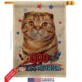 Patriotic Scottish Fold Burlap Garden House Flags Set Animals Cat Kitten Meow Spoiled Paw Fur Pet Nature Farm Animal Creature Small Decorative Gift Yard Banner Double-Sided Made In USA 28 X 40