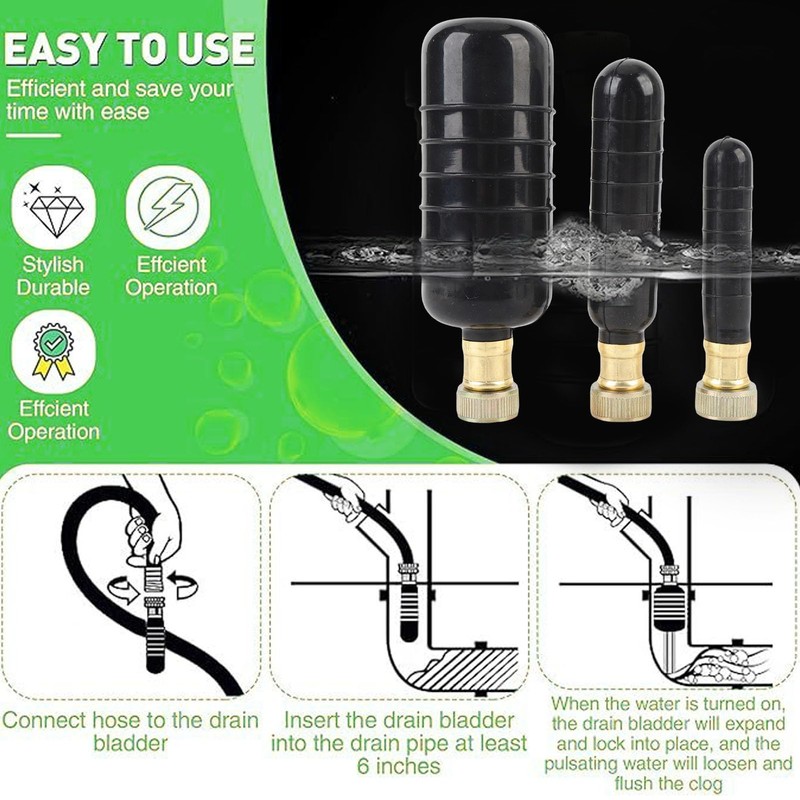 Jectse Rubber Drain Bladder Unclogger 3PCS Kit for Pipe, Suitable