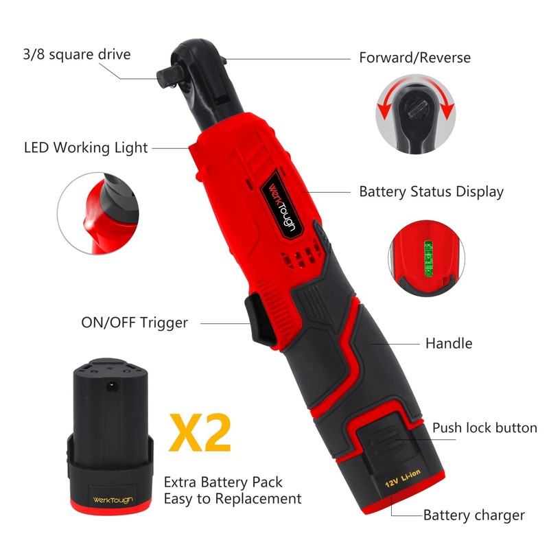 werktough 12V Power Cordless Ratchet Wrench 3/8" Electric Ratchet Tool