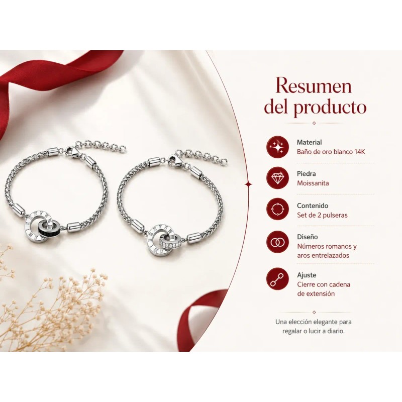Pulseras Para Parejas Promesa Moissanita Oro Blanco 18k Plat