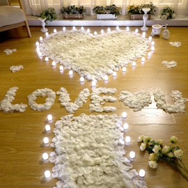 Coume 6000 Pcs Artificial Rose Petals with 72 Pcs Flameless LED Candles Romantic Decorations Fake Candles Happy Anniversary Decorations for Wedding Night (White)