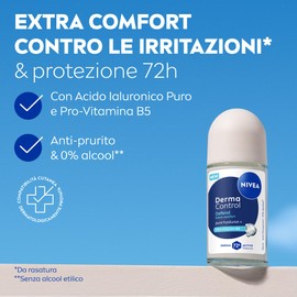 NIVEA Deodorante Roll On Derma Control Defend Extra Comfort 50 ml, Deodorante donna antitraspirante per una protezione 72h, Formula senza alcool con Acido Ialuronico e Pro-Vitamina B5 anti-irritazioni