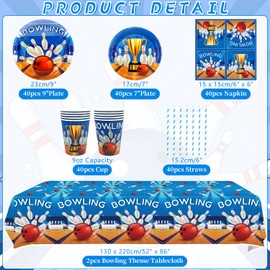 KEFAN Bowling Birthday Party Decorations, Bowling Theme Party Tableware Supplies including Plates, Cups, Napkins, Tablecloth (40)