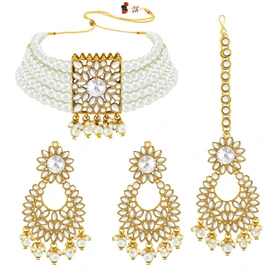 Aheli Kundan Pearl Choker Multi Layered Collar Pendientes con Maang Tikka Set Joyería de boda tradicional india para mujeres niñas (blanco)