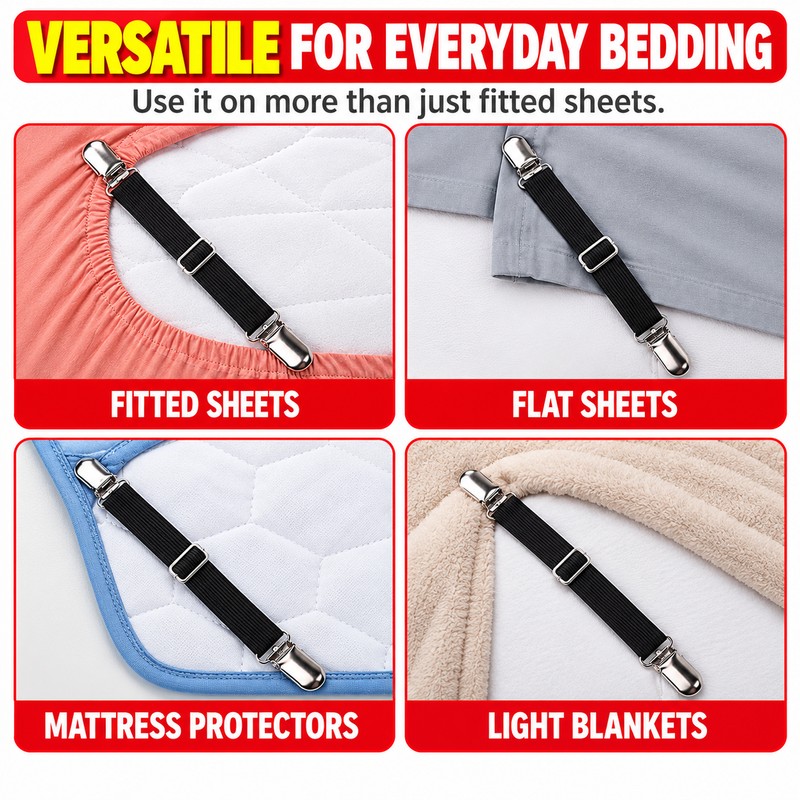 Adjustable Bed Sheet Fastener Straps, 4-Pack Elastic Sheet Grippers with