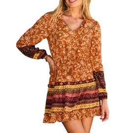 CUPSHE Women Fall Dresses Boho Floral Drawstring V Neck Ruffle Hem Sundress Long Sleeve Smocked Mini Dress Orange, L