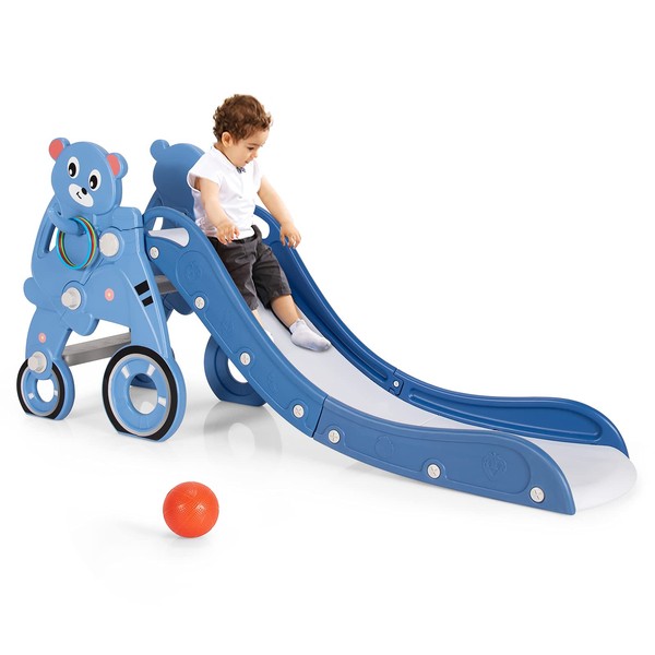 BABY JOY Toddler Slide, Folding Kids Play Slide with Extra Long Slipping Slope, Basketball Hoop, Ring Toss and Ball, Slides for Kids 3-5 Backyard Playground Gifts Indoor Outdoor Use (Blue Bear Bike)