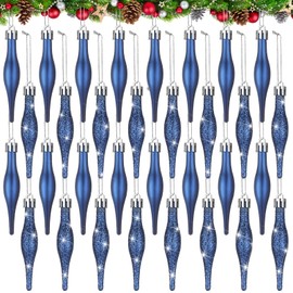 Halloscume 32 Pcs 3.54 Inches Blue Finial Drop Christmas Ornaments Vintage Christmas Ornaments Matte Glitter Xmas Hanging Decor for Tree Decoration Holiday Decor