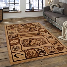 champion rugs Rustic Country Theme Cowboy Buckle Boots Hat Horseshoe Western Lodge Area Rug Carpet (3 Feet 10 Inch X 5 Feet 2 Inch)