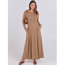 ANRABESS Women's Long Sleeve Casual Maxi Dress Button Fit & Flare A-Line Swing Flowy Long Dresses 2025 Spring Trendy Outfits Khaki Large