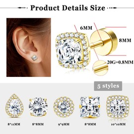 Kakonia 5 Pairs Stud Earrings for Women Gold Ear Studs Hypoallergenic Surgical Steel Flat Back Cartilage Helix Earrings Studs Cubic Zirconia Small Diamond Earrings for Women Men 20G