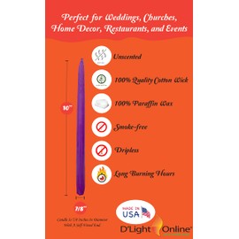 D'light Online Elegant 10" Unscented Purple Taper Candles Premium Quality Candles Hand-Dipped, Dripless Tapers and Smokeless - Individually Wrapped (10 Inch, Purple)