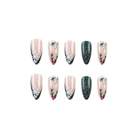 SINHOT Christmas Press on Nails Medium Almond Red Rhinestones Fake Nails Glossy Glue on Nails Green Glitter Acrylic Nails Stiletto Artificial Nails French Tip Stick on False Nails with Design 24 pcs