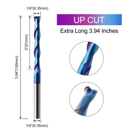 Extra Long Upcut Spiral Router Bit 6.35mm Shank,6.35mm Cutting Diameter, 51mm Cutting Length Long Solid Carbide with Nano Blue Coating End Mill for Wood Cut, Trimming, Carving